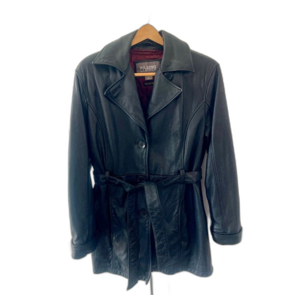 Wilson Jackets & Blazers - Vintage 1988 Wilson Black Leather Belted Jacket Size L, Buttons & zip out liner